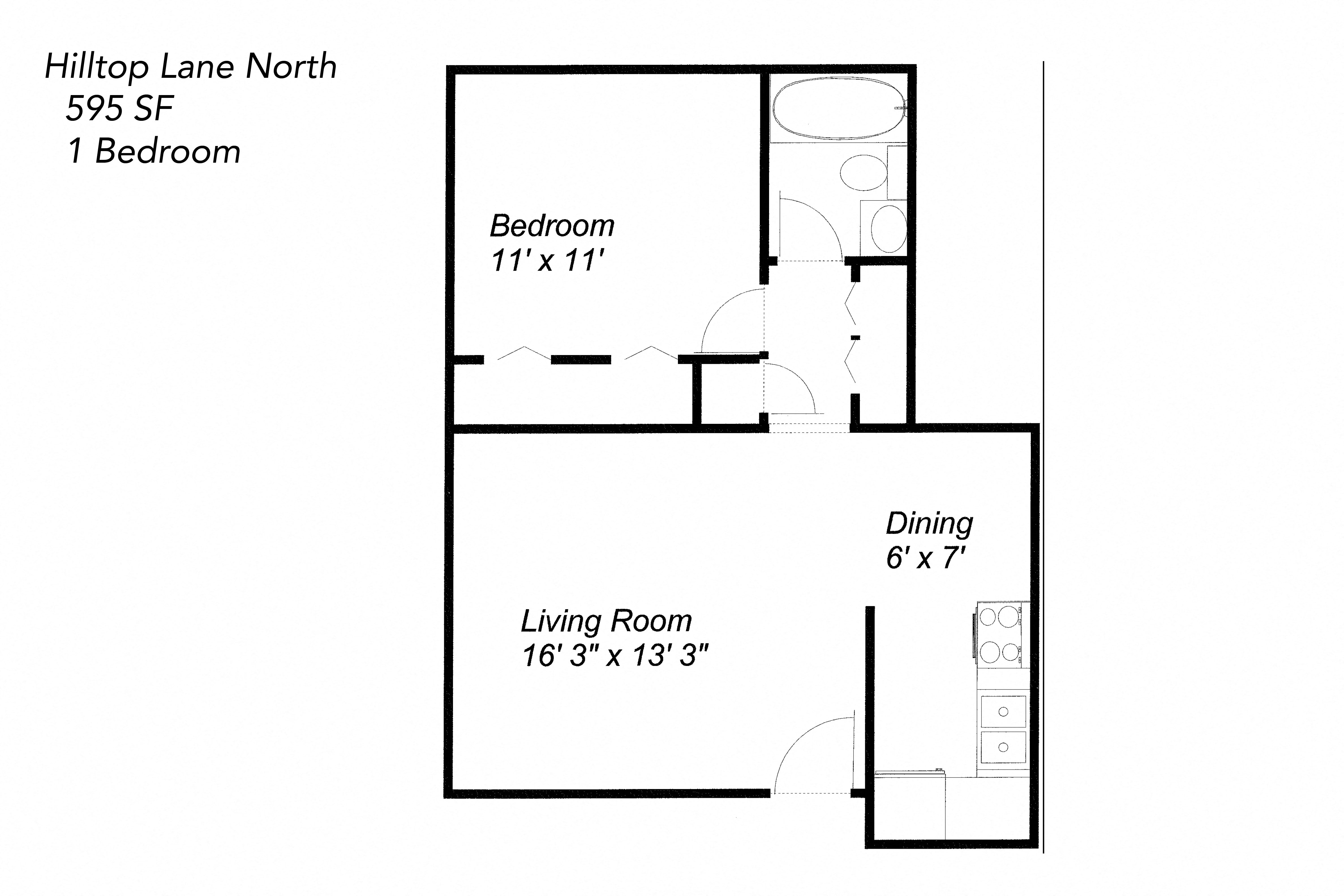 Floor plan for 1 bed, 1 bath, 595 sqft